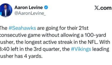 [Levine] The Seahawks are going for their 21st consecutive game without allowing a 100-yard rusher, the longest active streak in the NFL.
