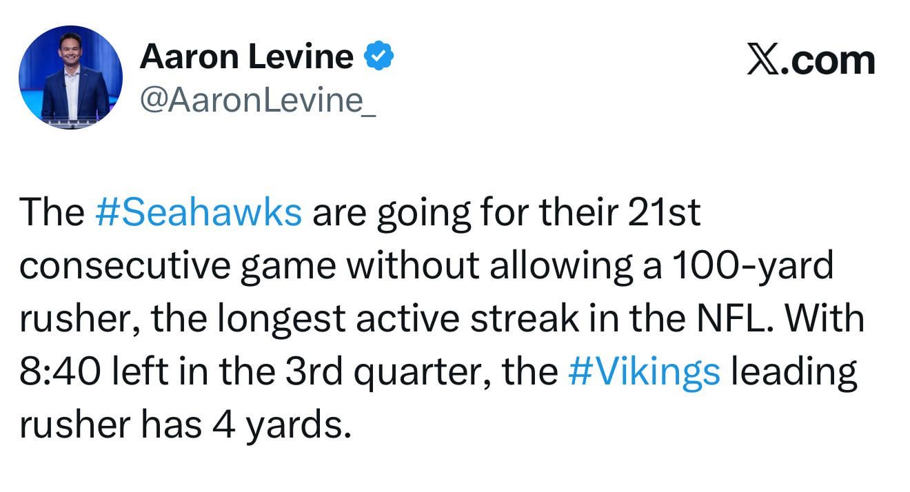 [Levine] The Seahawks are going for their 21st consecutive game without allowing a 100-yard rusher, the longest active streak in the NFL.