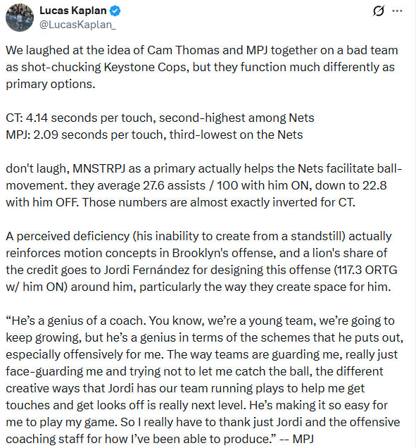 The Nets are moving the ball at an elite level with Michael "Never Swing the Rock" Porter Jr as the focal point of the offense. MPJ gives the credit to Jordi Fernandez