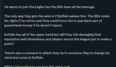 The part that people are missing with Slay is that he doesn’t actually want to retire.

He wants to join the Eagles but the Bills have all the leverage.

Buffalo has all of the upper hand but will they risk damaging their reputation with Rosenhaus and players across the league just to make a point?