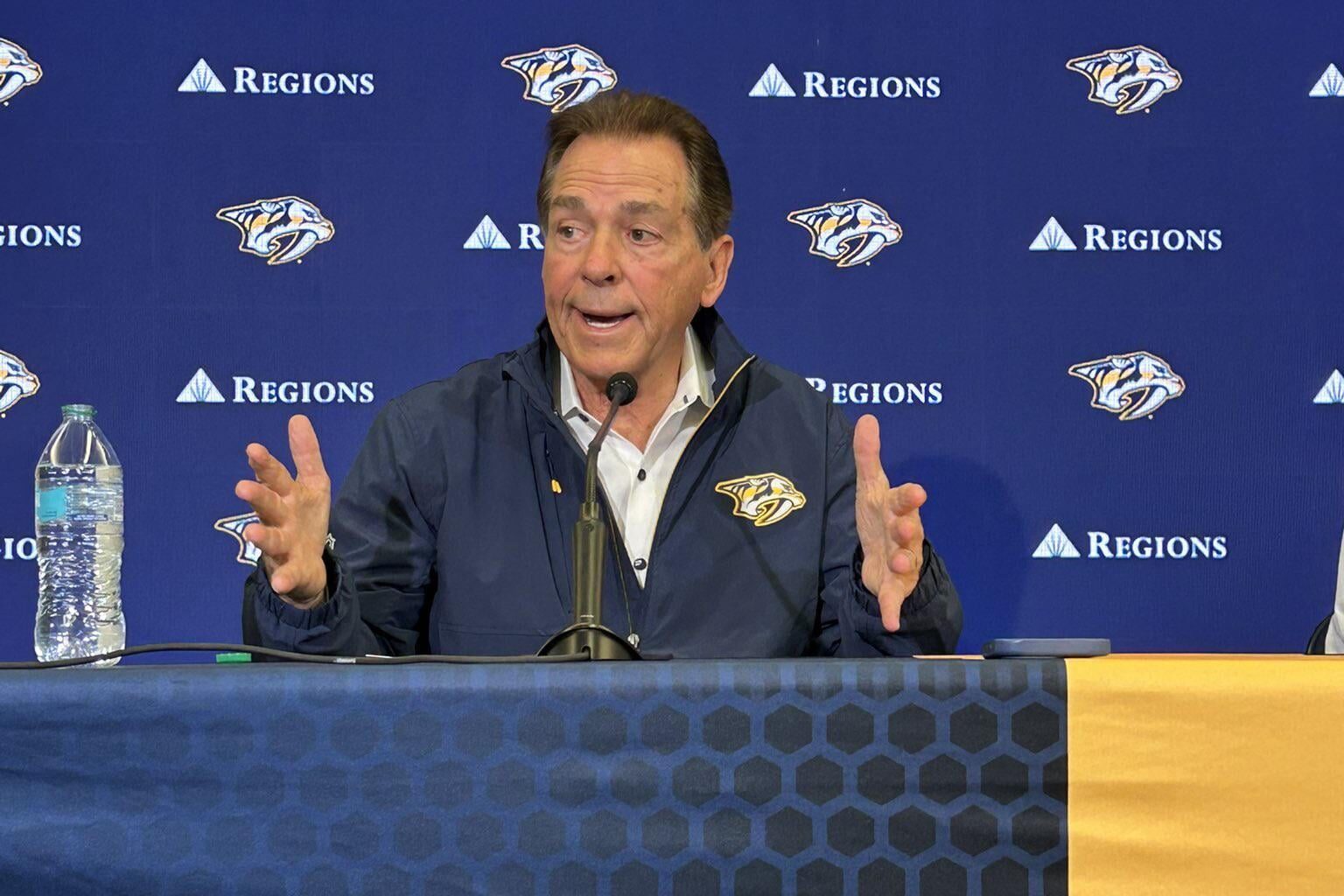 Nick Saban addressing the media at a press conference today