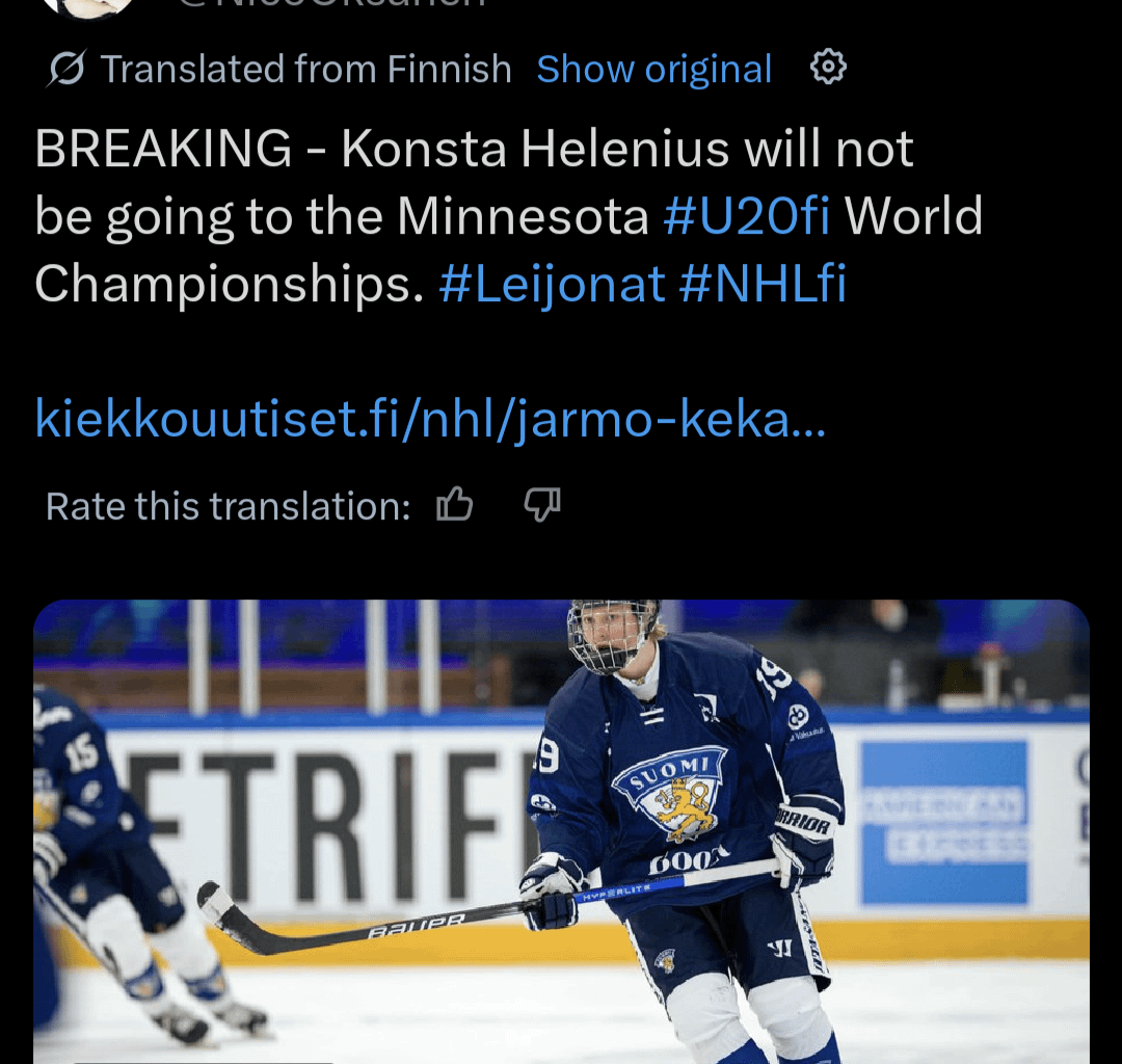 Looks like Jarmo is not sending Konsta Helenius to the WJC