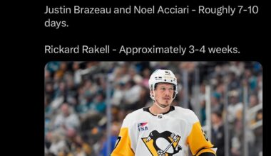 [Penguins PR] Some updated Penguins injury timelines from Kyle Dubas on tonight's GM Show: Justin Brazeau and Noel Acciari - Roughly 7-10 days. Rickard Rakell - Approximately 3-4 weeks.