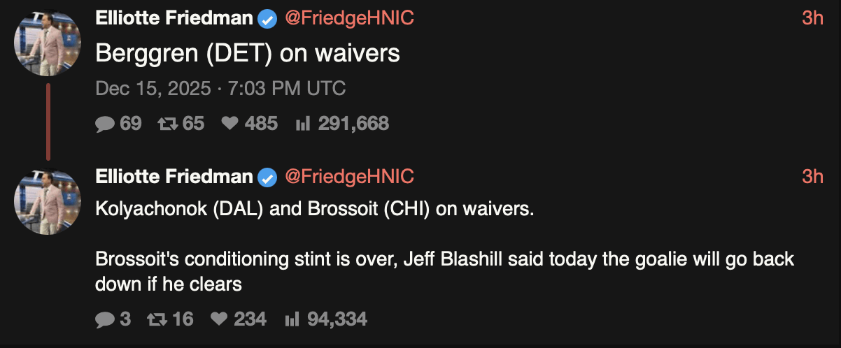 [Friedman] Berggren (DET), Kolyachonok (DAL), Brossoit (CHI) on waivers