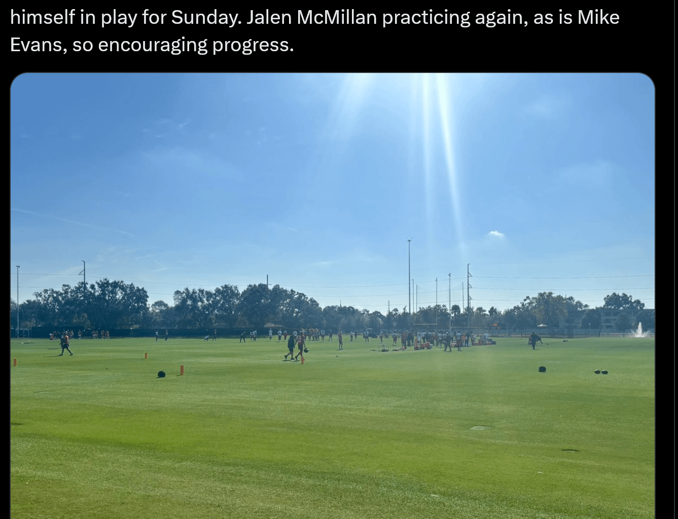 [Greg Auman] Back in Tampa, and can report that Tristan Wirfs is practicing, so keeping himself in play for Sunday. Jalen McMillan practicing again, as is Mike Evans, so encouraging progress.