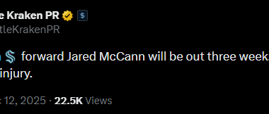 [Seattle Kraken PR] Jared McCann will be out three weeks with a lower-body injury.