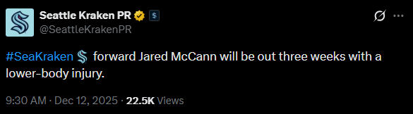 [Seattle Kraken PR] Jared McCann will be out three weeks with a lower-body injury.