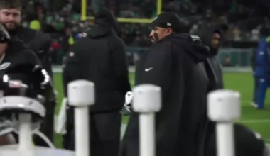 Jalen Hurts on the sideline after fumbling against the Bears