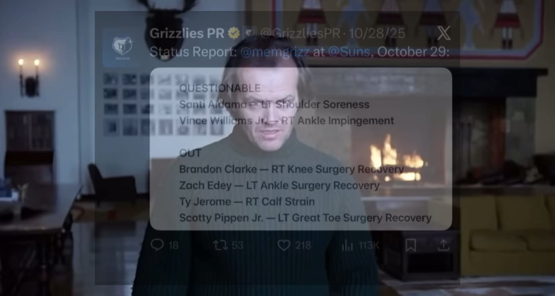 ALL INJURIES & NO PLAY MAKES GRIZZ A DULL BOY