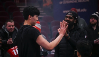 Greg Oden with Yang Hansen and then Deni Avdija, before the game tonight