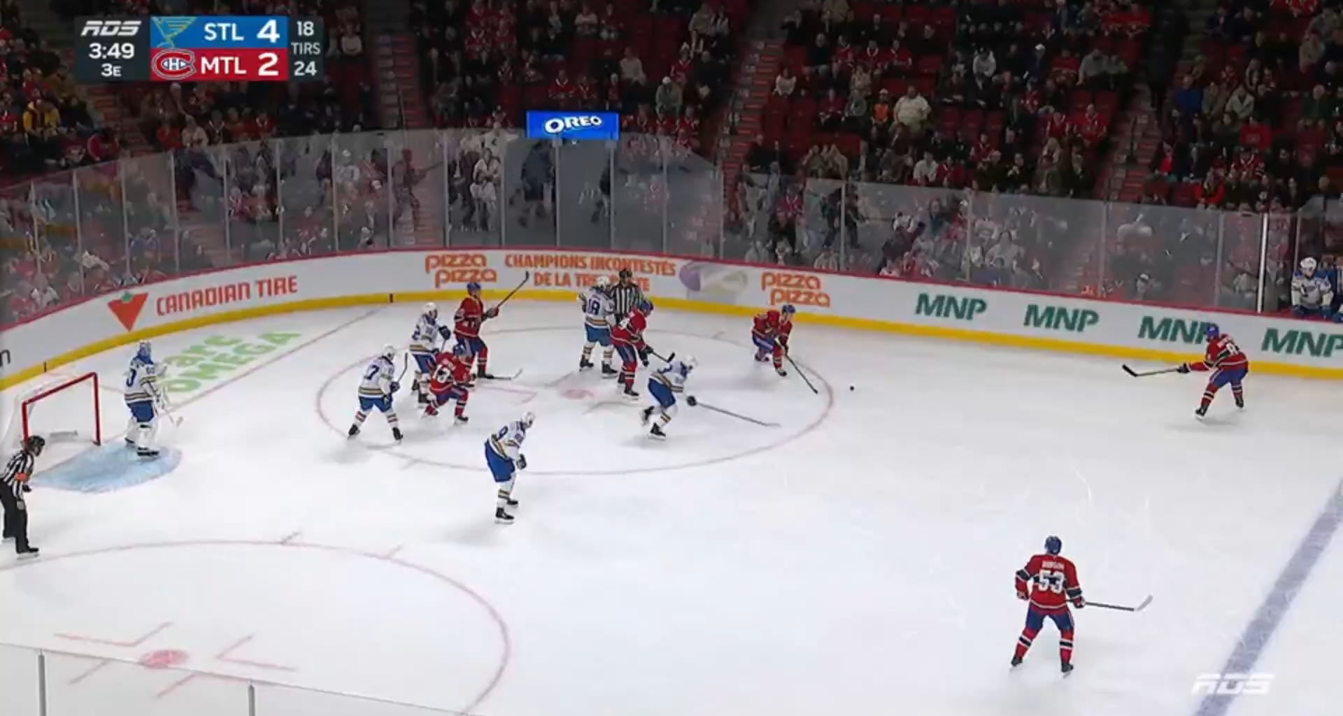 Dobson claps one over Binnington's shoulder to make it a one goal game