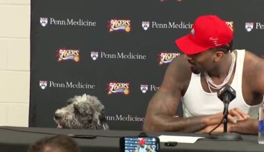 Andre Drummond brought his dog, Bob Marley, to the game and sat with him at the podium during his post game press conference