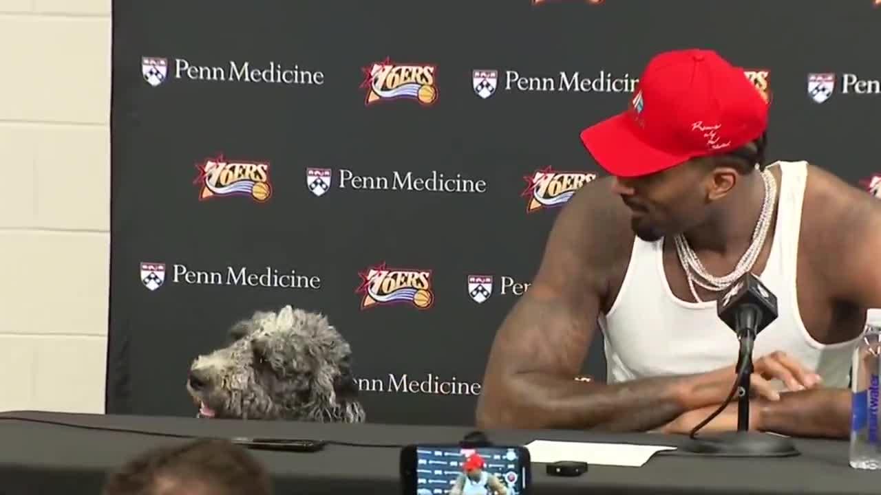 Andre Drummond brought his dog, Bob Marley, to the game and sat with him at the podium during his post game press conference