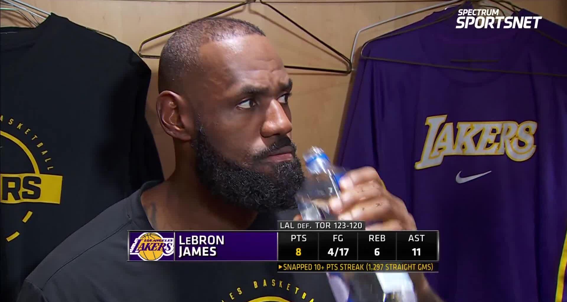 LeBron James on his feelings over his double-digit scoring streak ending: "None. We've won." [1:15m]