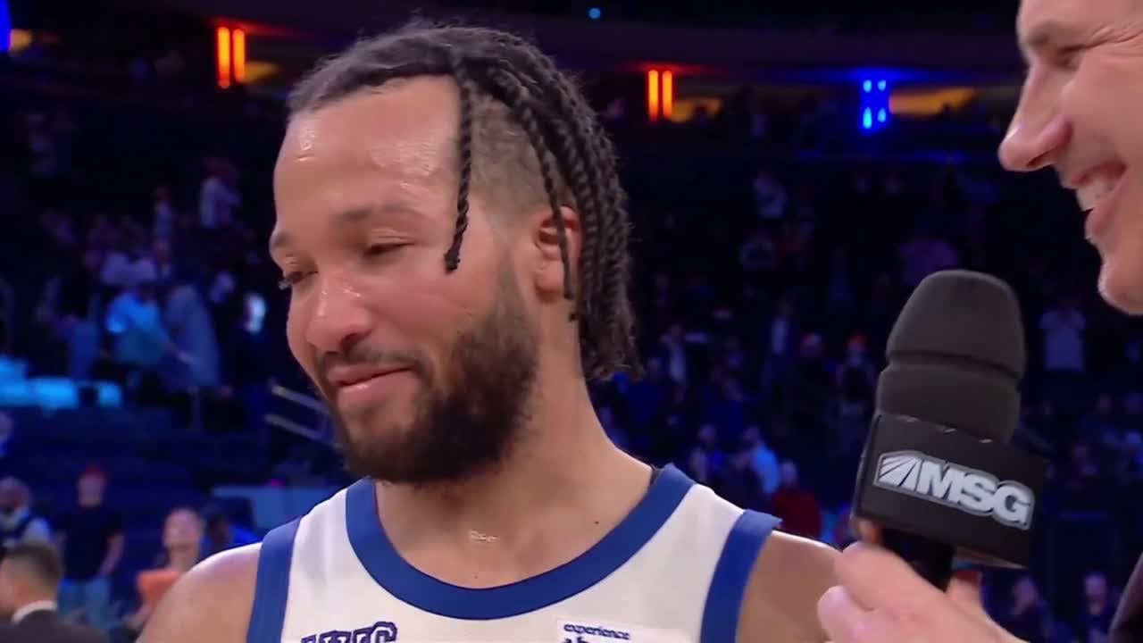 [Highlight] Jalen Brunson post game interview after Garden career high 47 points against Miami answers who had the biggest shot down the stretch: "Unfortunately I'mma say Josh. He's been a pretty terrible friend as of recently but I'mma say Josh."