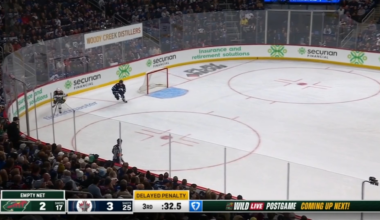 Connor steals the puck from Hughes. No goal. Delayed penalty. This ends up with Minnesota tying the game with 20 seconds left and winning it in overtime.