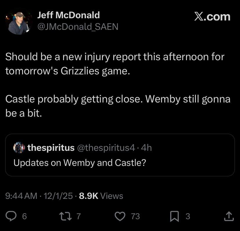 [McDonald] Injury updates: Castle is getting close but Wemby is still a bit away (Likely the week of the cup at the earliest)