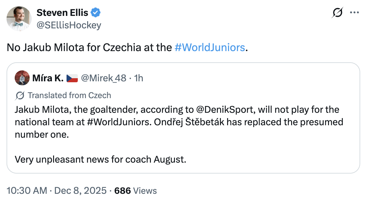 Jakub Milota won't be going to WJC. He's been out injured since October.