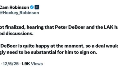 [Robinson] While not finalized, hearing that Peter DeBoer and the LAK have had advanced discussions. I'm told DeBoer is quite happy at the moment, so a deal would seemingly need to be substantial for him to sign on.