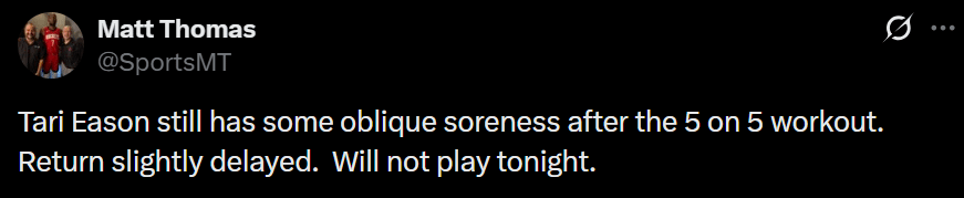 Tari Eason OUT vs Nuggets Tonight