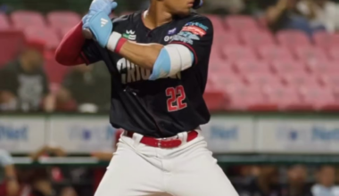 Side view of Kristian Campbell's new swing and first hit in Puerto Rico (and him almost falling over lol)