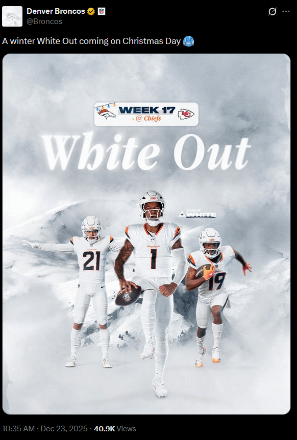 [Broncos] A winter White Out Coming Christmas Day!