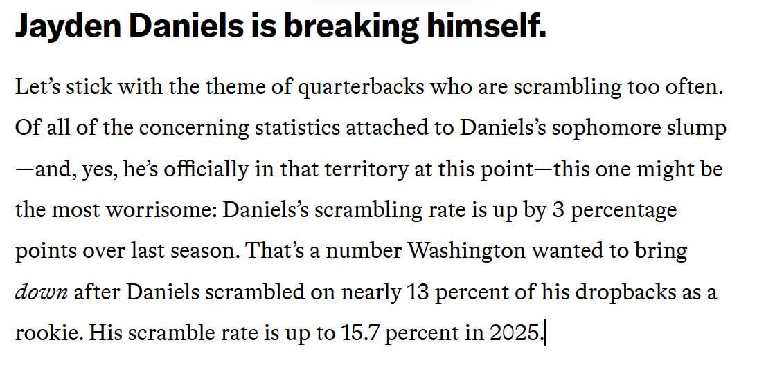 Ringer wrote an article today about QB’s like Mahomes, JD5, Baker etc. having down years. Snippet from our section: “Jayden Daniels is breaking himself”