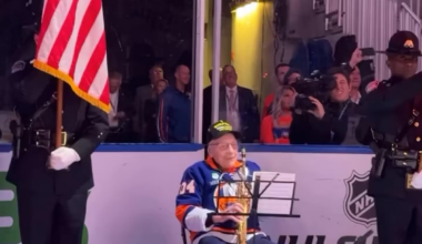 104 year old World War 2 Veteran Dominick Critelli preforms the National Anthem on the saxophone