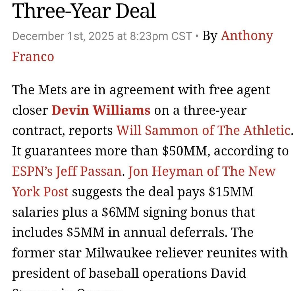 Deferred money involved with the Devin Williams deal, and as you guys saw Anthony Dicomo and Andy Martino said they're still in on re-signing Diaz. Stay positive