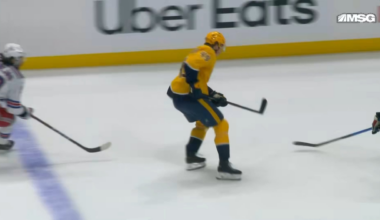 Morrow's skate catches Reid Schaefer on the chin (no blood shown)