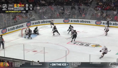 Connor Bedard falls down after scoring his 18th of the year and immediately gives credit to Tyler Bertuzzi for the pass