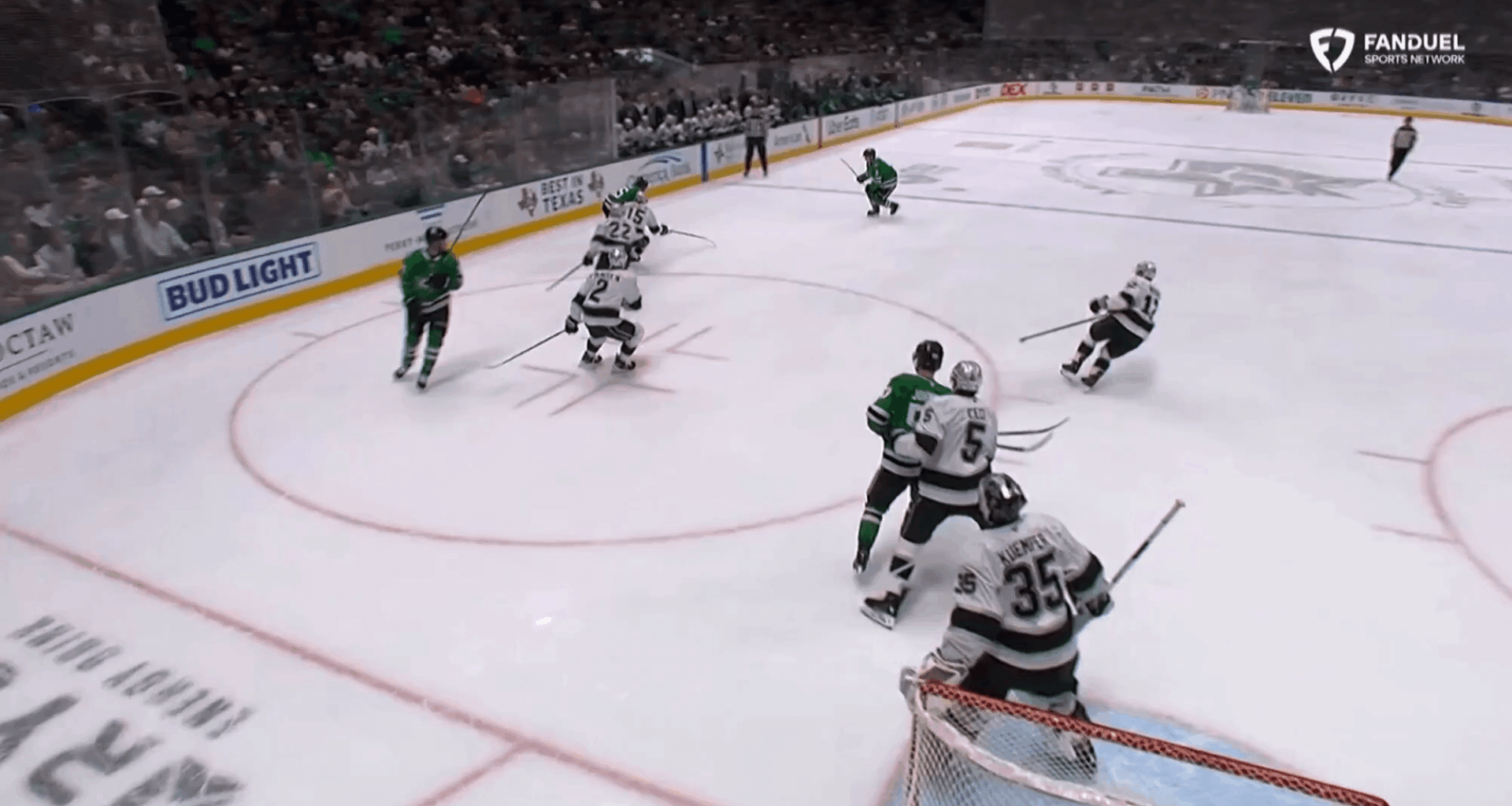 Darcy Kuemper has left the game after head contact from Mikko Rantanen. The goal was waved off, but Rantanen did not receive a penalty on the play.