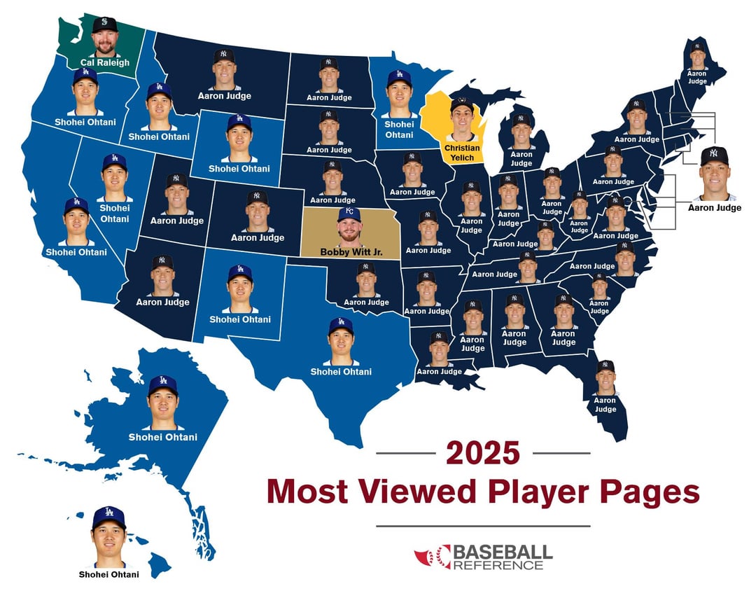 [Baseball Reference] Maps of the most viewed player and team pages in all 50 states and Canada in 2025