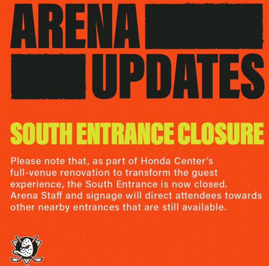 Arena Update: South/Katella entrance is closed due to renovations