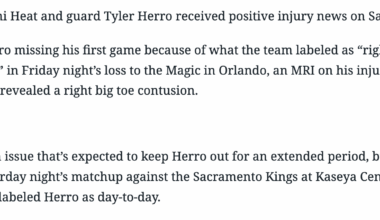 [Anthony Chiang] Tyler Herro received positive injury news on Saturday. MRI on injured toe Saturday revealed a right big toe contusion. It’s not an issue that’s expected to keep Herro out for an extended period. The Heat has labeled Herro as day-to-day.