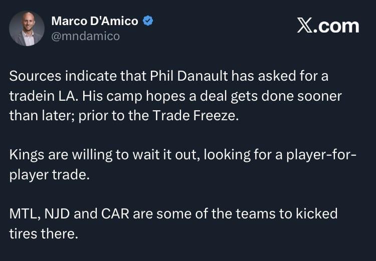 [D’Amico] Sources indicate that Phil Danault has asked for a trade in LA. His camp hopes a deal gets done sooner than later; prior to the Trade Freeze.