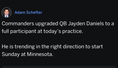(Adam Schefter) Commanders upgraded QB Jayden Daniels to a full participant at today’s practice.