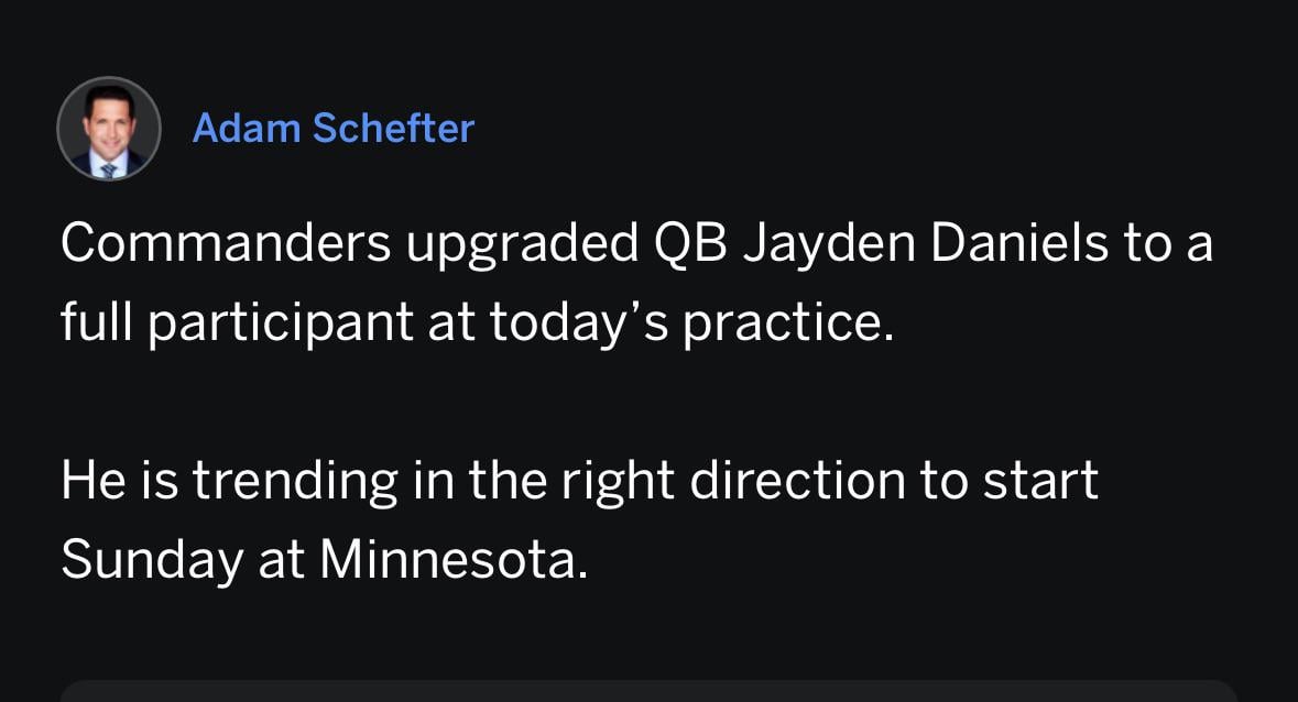 (Adam Schefter) Commanders upgraded QB Jayden Daniels to a full participant at today’s practice.