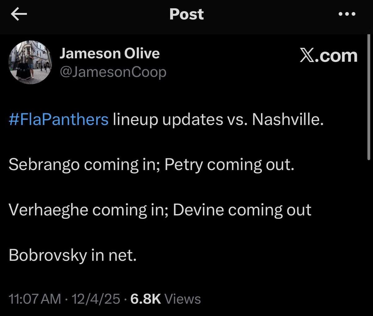 [Jameson Olive] Sebrango is in for Petry who looks like a healthy scratch for the Panthers tonight