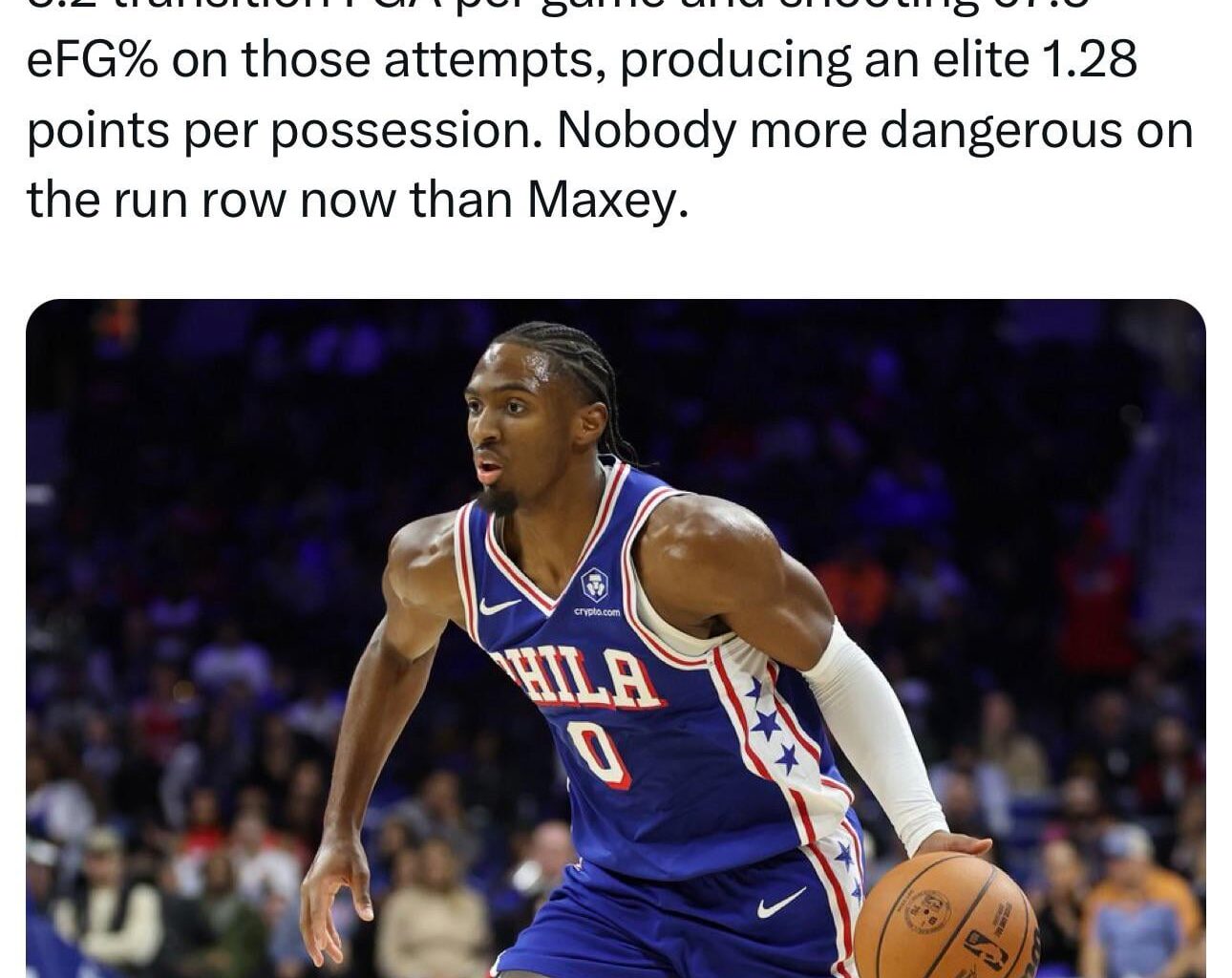 [NBA U] The only player in the NBA attempting more FGA per game in transition than Giannis? Tyrese Maxey.  5.2 transition FGA per game and shooting 67.5 eFG% on those attempts, producing an elite 1.28 points per possession. Nobody more dangerous on the run row now than Maxey.
