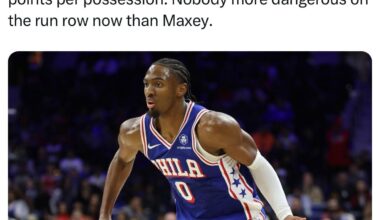 [NBA U] The only player in the NBA attempting more FGA per game in transition than Giannis? Tyrese Maxey.  5.2 transition FGA per game and shooting 67.5 eFG% on those attempts, producing an elite 1.28 points per possession. Nobody more dangerous on the run row now than Maxey.