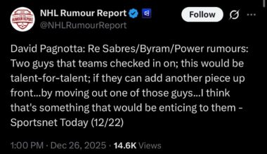 [NHL Rumour Report] David Pagnotta: Re Sabres/Byram/Power rumours: Two guys that teams checked in on; this would be talent-for-talent; if they can add another piece up front...by moving out one of those guys...I think that's something that would be enticing to them - Sportsnet Today (12/22)