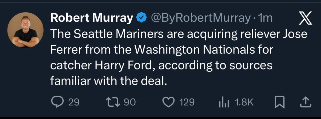Nationals trade reliever Jose Ferrer for Mariners #4 prospect and MLB’s #42 prospect Harry Ford
