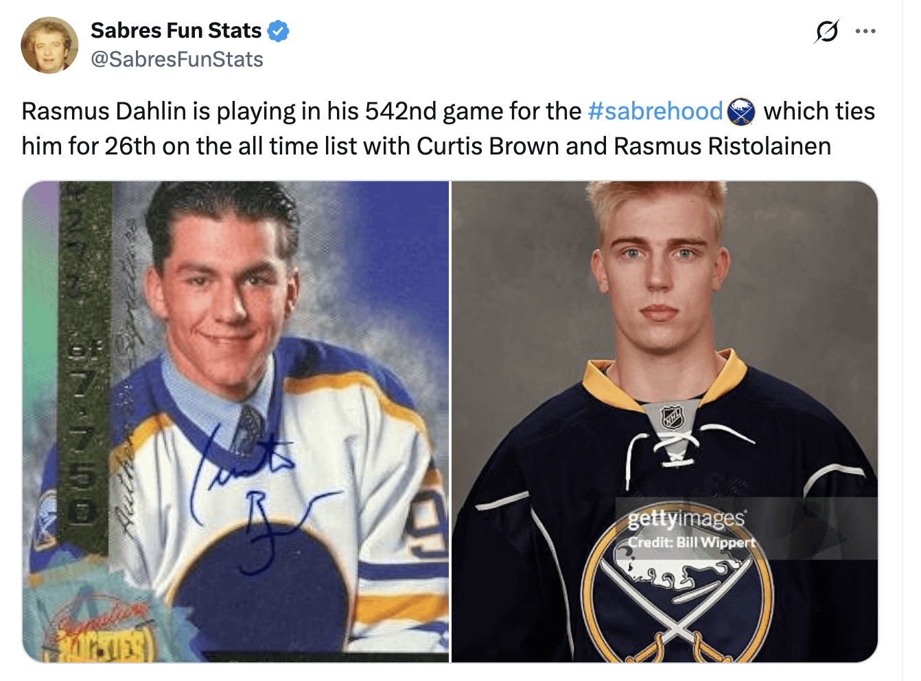 [Sabres Fun Stats] Rasmus Dahlin is playing in his 542nd game for the Sabres, which ties him for 26th on the all time list with Curtis Brown and Rasmus Ristolainen