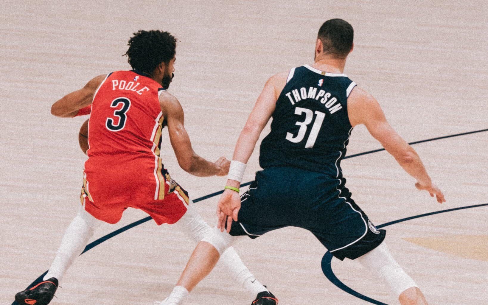 Dope pic of Klay with eerily in sync defensive mirroring of Jordan Poole the other night. Ol' man's instincts, reaction time, and footwork are still elite 🔥 (📸 IG @_jsquared)