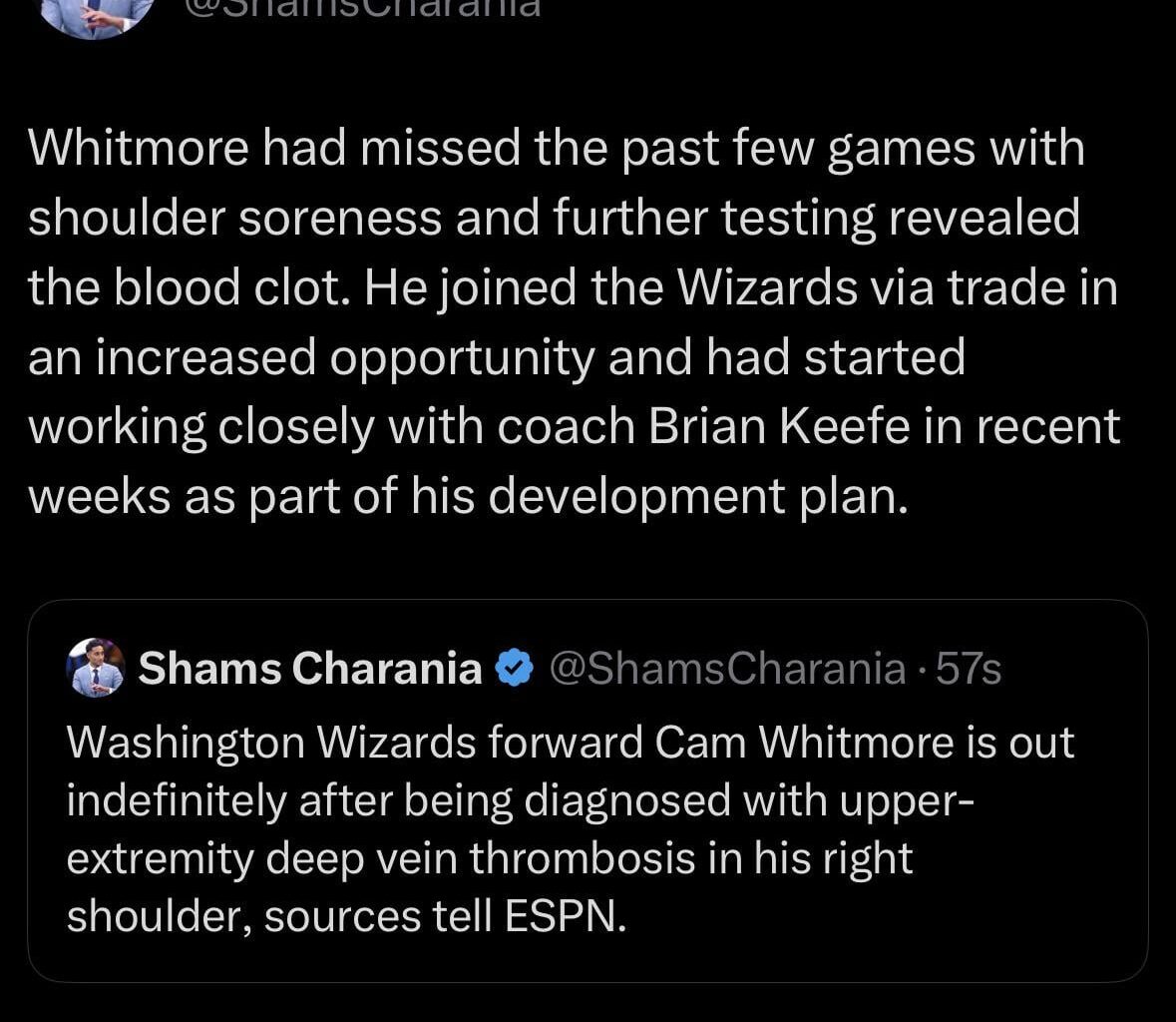 [Shams] Cam Whitmore Out Indefinitely with DVT in Right Shoulder
