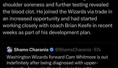[Shams] Cam Whitmore Out Indefinitely with DVT in Right Shoulder