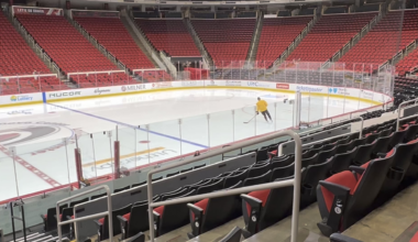 Jaccob Slavin back on the ice in a yellow, non-contact jersey