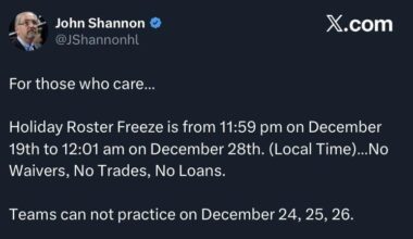 After the big trades today and the loss, here is a friendly reminder about the Holiday Roster Freeze.