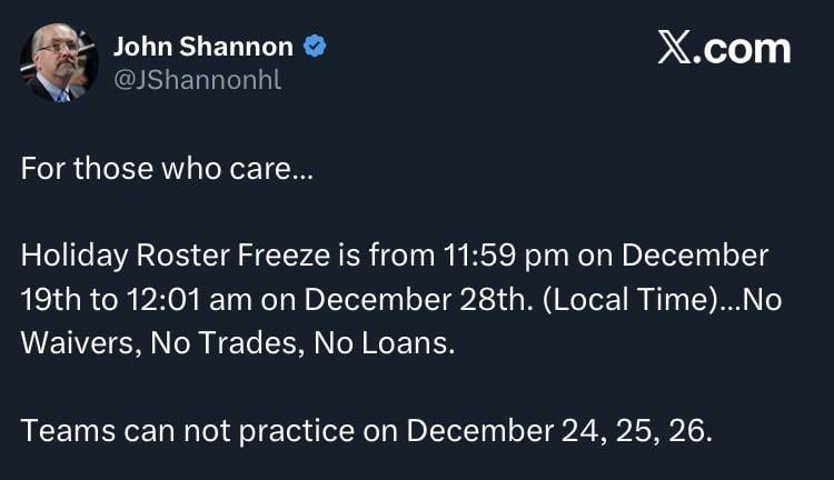 After the big trades today and the loss, here is a friendly reminder about the Holiday Roster Freeze.